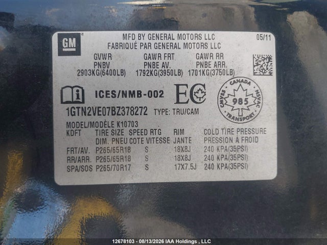 Продаж на аукціоні авто 2011 Gmc Sierra K1500 Sle, vin: 1GTN2VE07BZ378272, номер лоту: 12678103