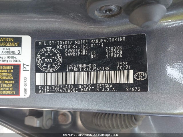 Продажа на аукционе авто 2014 Toyota Camry Xle V6, vin: 4T1BK1FKXEU549198, номер лота: 12678112