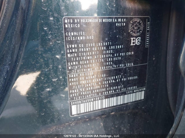 Aukcja sprzedaży 2019 Volkswagen Tiguan S, vin: 3VV0B7AX5KM136172, numer aukcji: 12678122