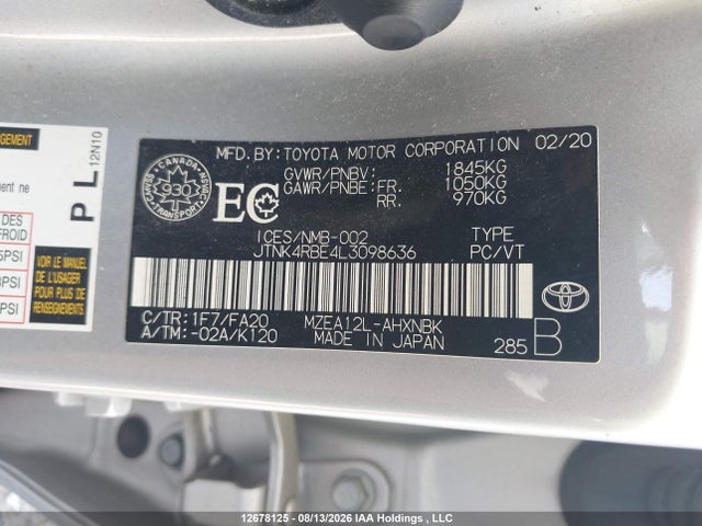 2020 Toyota Corolla Se/xse მანქანა იყიდება აუქციონზე, vin: JTNK4RBE4L3098636, აუქციონის ნომერი: 12678125