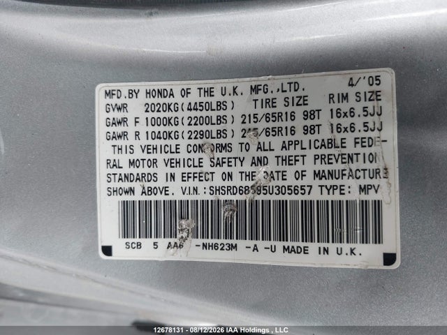 2005 Honda Cr-v Lx მანქანა იყიდება აუქციონზე, vin: SHSRD68595U305657, აუქციონის ნომერი: 12678131