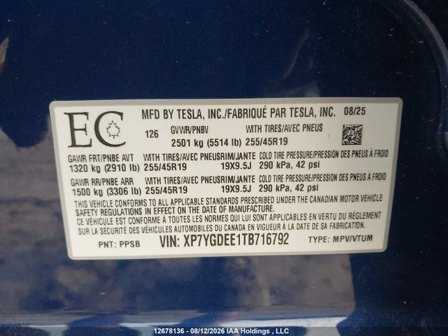 12678136 :رقم المزاد ، XP7YGDEE1TB716792 vin ، 2026 Tesla Model Y مزاد بيع