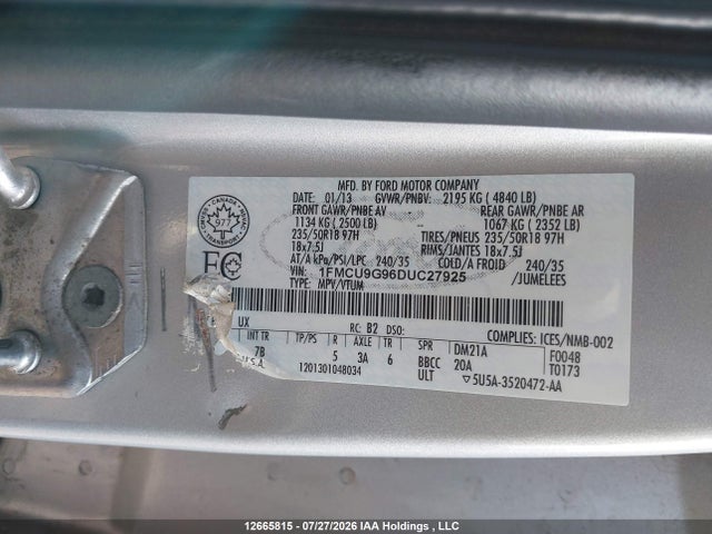 2013 Ford Escape Se მანქანა იყიდება აუქციონზე, vin: 1FMCU9G96DUC27925, აუქციონის ნომერი: 12665815