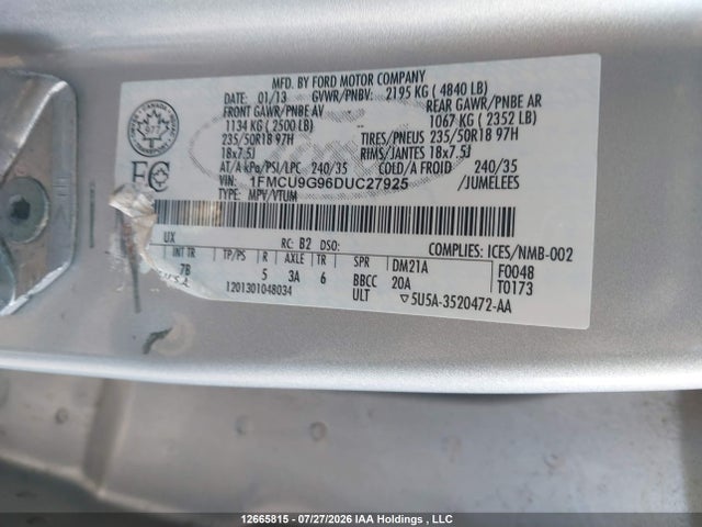 2013 Ford Escape Se მანქანა იყიდება აუქციონზე, vin: 1FMCU9G96DUC27925, აუქციონის ნომერი: 12665815