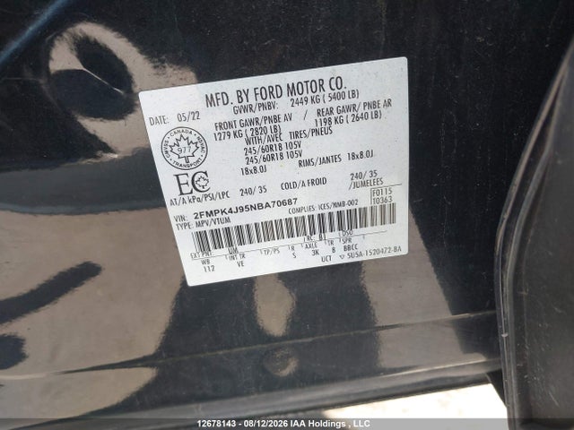 Продаж на аукціоні авто 2022 Ford Edge Sel, vin: 2FMPK4J95NBA70687, номер лоту: 12678143