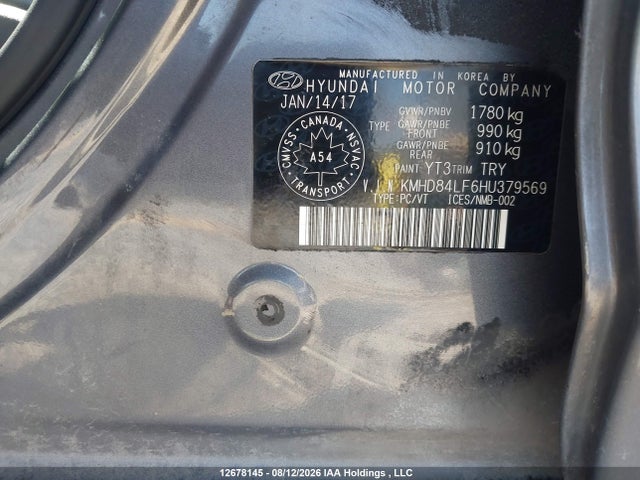 12678145 :رقم المزاد ، KMHD84LF6HU379569 vin ، 2017 Hyundai Elantra Gl مزاد بيع