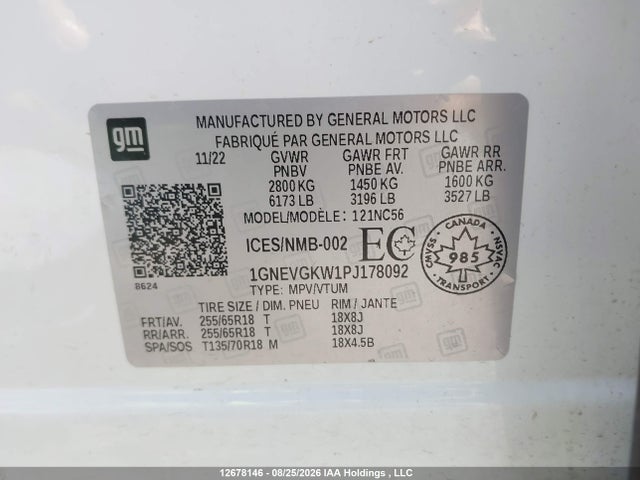 1GNEVGKW1PJ178092 Chevrolet Traverse Lt