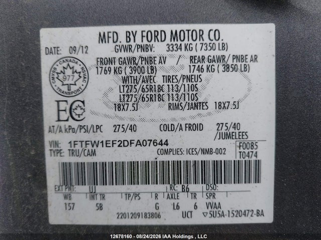 Продажа на аукционе авто 2013 Ford F-150 Fx4, vin: 1FTFW1EF2DFA07644, номер лота: 12678160