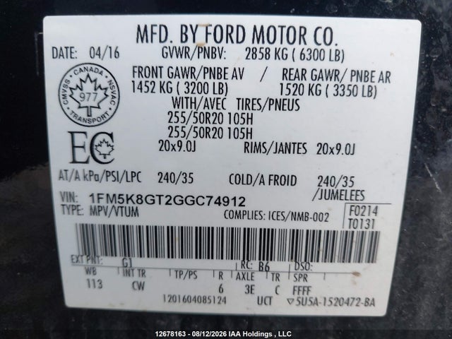1FM5K8GT2GGC74912 Ford EXPLORER SPORT