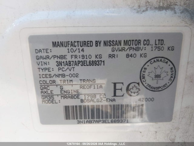 3N1AB7AP3EL689371 Nissan Sentra S/sv/sr/sl