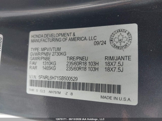 Продаж на аукціоні авто 2025 Honda Odyssey Sport, vin: 5FNRL6H71SB500529, номер лоту: 12678171
