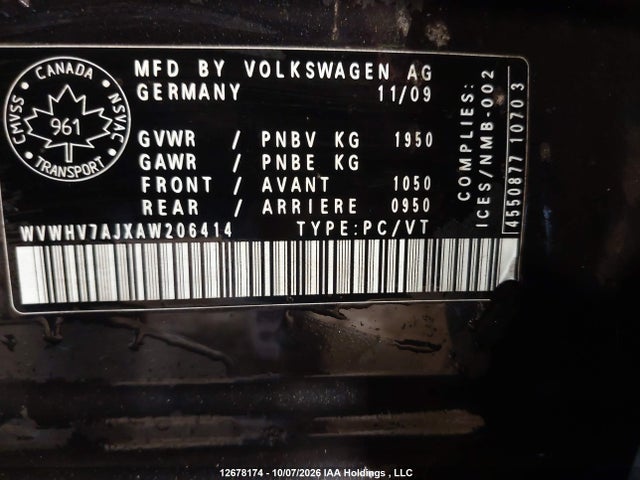 Aukcja sprzedaży 2010 Volkswagen Gti, vin: WVWHV7AJXAW206414, numer aukcji: 12678174