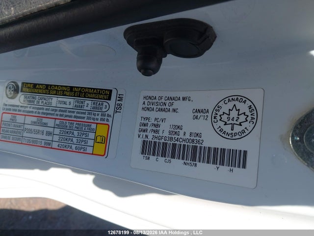 Продажа на аукционе авто 2012 Honda Civic Ex, vin: 2HGFG3B54CH008362, номер лота: 12678199