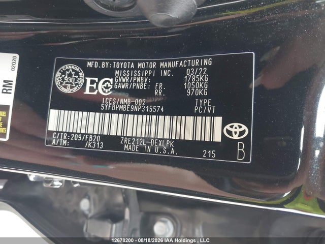 12678200 :رقم المزاد ، 5YFBPMBE9NP315574 vin ، 2022 Toyota Corolla Le/xle مزاد بيع