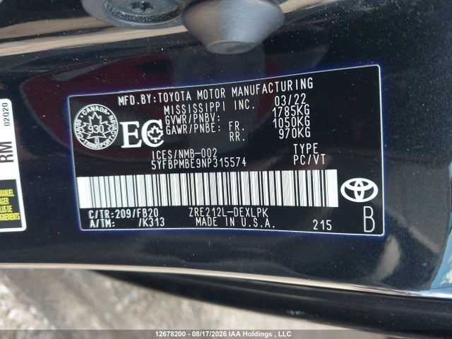 12678200 :رقم المزاد ، 5YFBPMBE9NP315574 vin ، 2022 Toyota Corolla Le/xle مزاد بيع