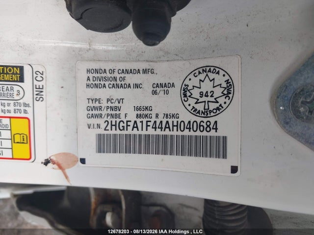 12678203 :رقم المزاد ، 2HGFA1F44AH040684 vin ، 2010 Honda Civic Dx-g مزاد بيع