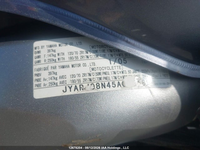 2005 Yamaha Fz6 მანქანა იყიდება აუქციონზე, vin: JYARJ08N45A000469, აუქციონის ნომერი: 12678204