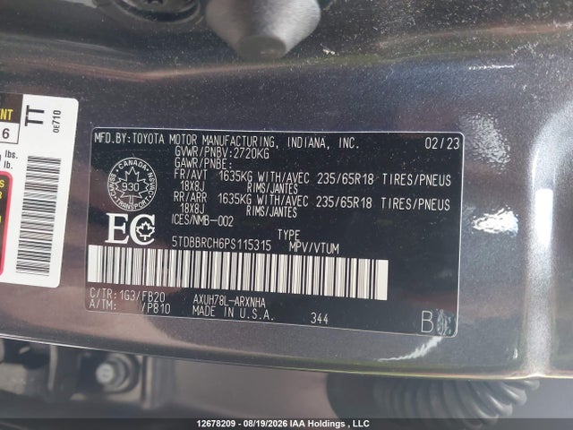5TDBBRCH6PS115315 Toyota Highlander Hybrid Hybrid