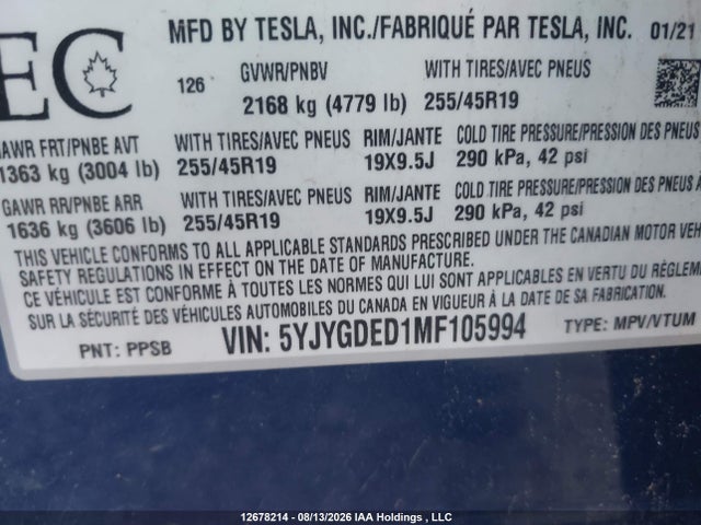 Tesla Model Y 2021 5YJYGDED1MF105994 Image 20