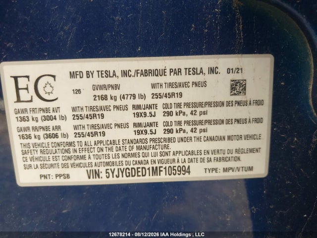 Tesla Model Y 2021 5YJYGDED1MF105994 Image 9