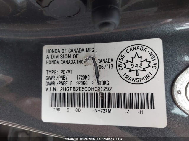 12678220 :رقم المزاد ، 2HGFB2E50DH021292 vin ، 2013 Honda Civic Ex 4dr مزاد بيع