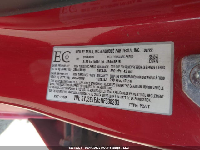 Tesla Model 3 Rwd/standard Range 2022 5YJ3E1EA5NF338203 Image 9