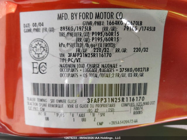 12678233 :رقم المزاد ، 3FAFP31N25R116170 vin ، 2005 Ford Focus Zx3 مزاد بيع