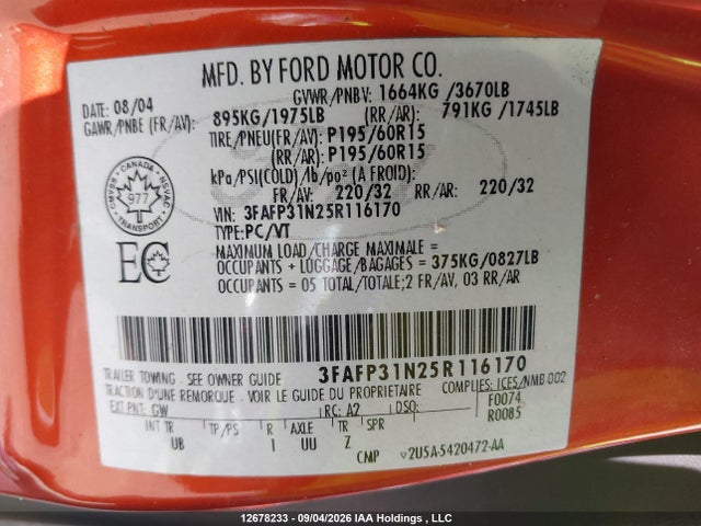 12678233 :رقم المزاد ، 3FAFP31N25R116170 vin ، 2005 Ford Focus Zx3 مزاد بيع