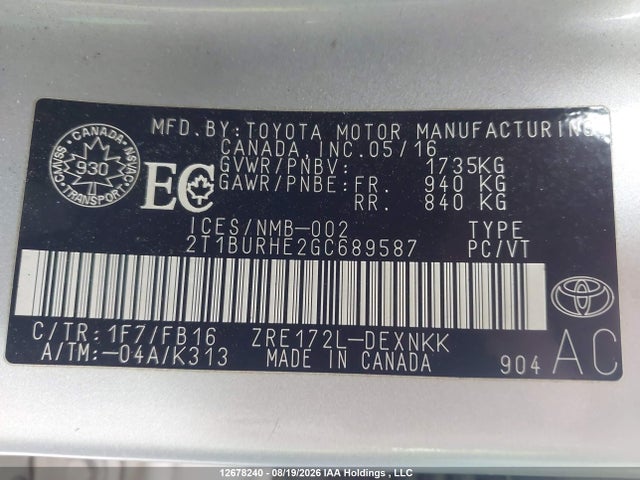 2T1BURHE2GC689587 Toyota COROLLA LE