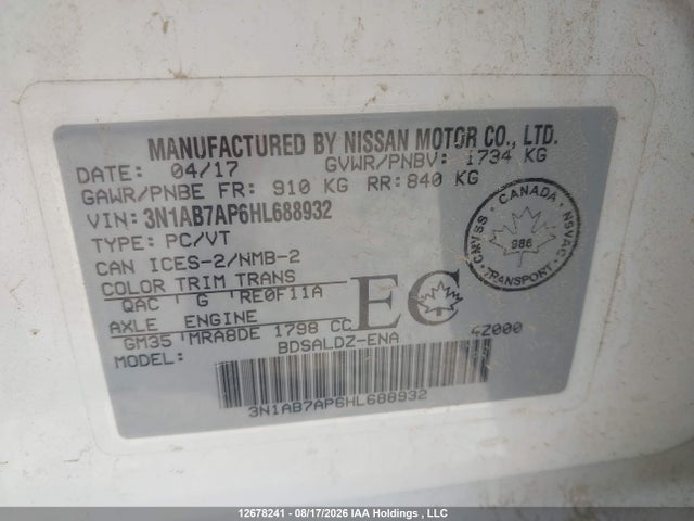 Nissan Sentra 2017 3N1AB7AP6HL688932 Image 9
