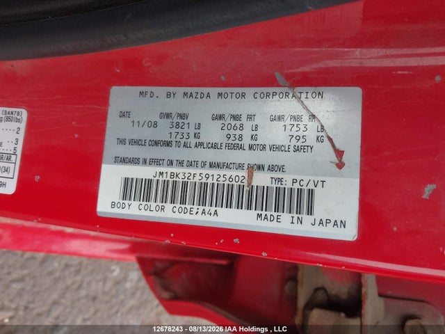Aukcja sprzedaży 2009 Mazda 3 I, vin: JM1BK32F591256020, numer aukcji: 12678243
