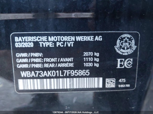 12678244 :رقم المزاد ، WBA73AK01L7F95865 vin ، 2020 Bmw 228i Gran Coupe Xdrive مزاد بيع