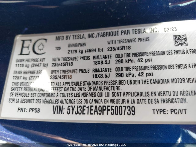 Tesla Model 3 Rwd 2023 5YJ3E1EA9PF500739 Image 9