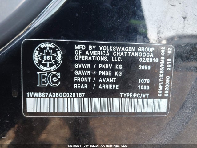Aukcja sprzedaży 2016 Volkswagen Passat 1.8 Tsi Comfortline, vin: 1VWBS7A36GC029187, numer aukcji: 12678254