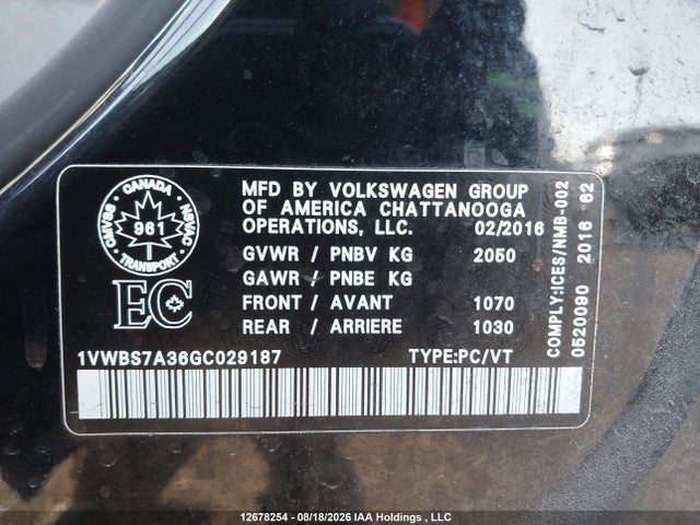 Aukcja sprzedaży 2016 Volkswagen Passat 1.8 Tsi Comfortline, vin: 1VWBS7A36GC029187, numer aukcji: 12678254