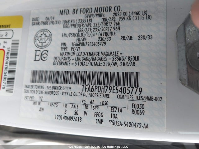 2014 Ford Fusion Se მანქანა იყიდება აუქციონზე, vin: 1FA6P0H79E5405779, აუქციონის ნომერი: 12678255