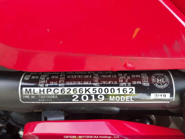 12678258 :رقم المزاد ، MLHPC6266K5000162 vin ، 2019 Honda Cbr500 Ra مزاد بيع