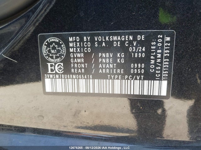 Продажа на аукционе авто 2024 Volkswagen Jetta Comfortline, vin: 3VWSM7BU6RM065416, номер лота: 12678265