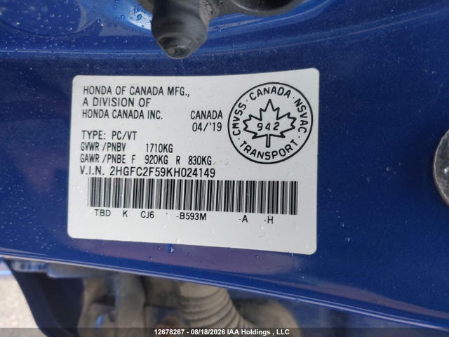 Продажа на аукционе авто 2019 Honda Civic Lx, vin: 2HGFC2F59KH024149, номер лота: 12678267