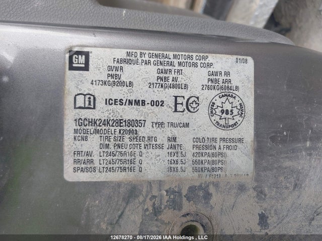 12678270 :رقم المزاد ، 1GCHK24K28E180357 vin ، 2008 Chevrolet Silverado K2500 Heavy Duty مزاد بيع