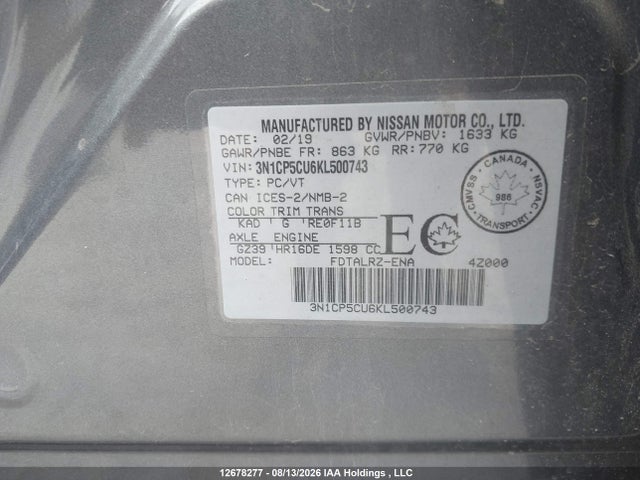 Aukcja sprzedaży 2019 Nissan Kicks S/sr/sv, vin: 3N1CP5CU6KL500743, numer aukcji: 12678277