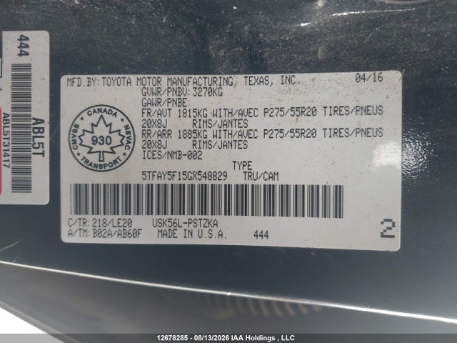 12678285 :رقم المزاد ، 5TFAY5F15GX548829 vin ، 2016 Toyota Tundra Platinum 5.7l V8 مزاد بيع