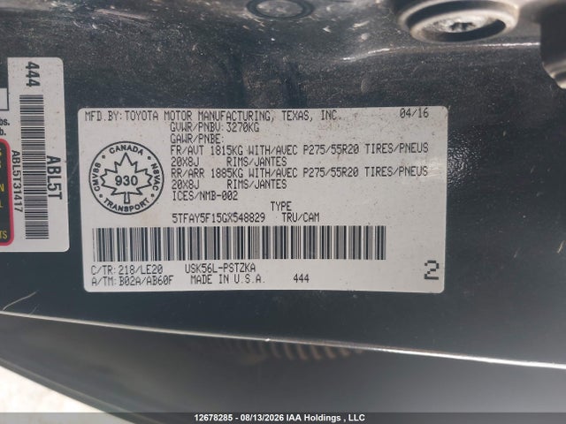 12678285 :رقم المزاد ، 5TFAY5F15GX548829 vin ، 2016 Toyota Tundra Platinum 5.7l V8 مزاد بيع