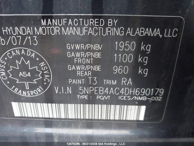 12678296 :رقم المزاد ، 5NPEB4AC4DH690179 vin ، 2013 Hyundai Sonata Gls مزاد بيع