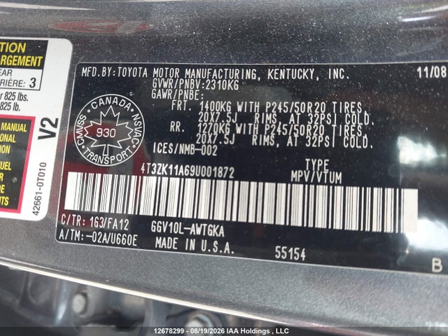 Продажа на аукционе авто 2009 Toyota Venza Base V6, vin: 4T3ZK11A69U001872, номер лота: 12678299