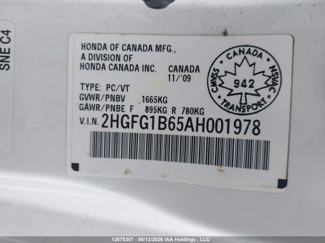 12678307 :رقم المزاد ، 2HGFG1B65AH001978 vin ، 2010 Honda Civic مزاد بيع