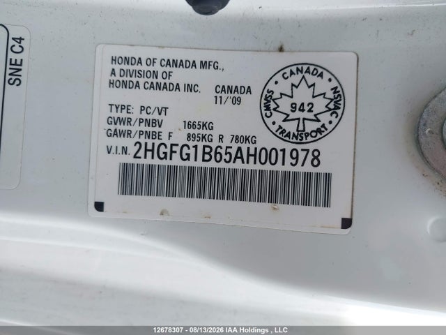 12678307 :رقم المزاد ، 2HGFG1B65AH001978 vin ، 2010 Honda Civic مزاد بيع