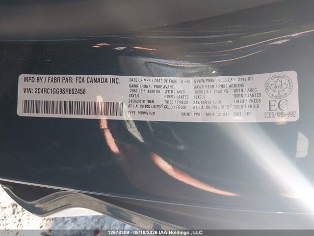 12678309 :رقم المزاد ، 2C4RC1GG9SR602458 vin ، 2025 Chrysler Pacifica Limited مزاد بيع