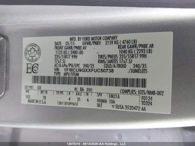 Ford ESCAPE SE 2015 1FMCU9GXXFUC50738 Image 9