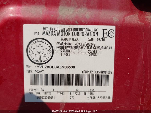 2010 Mazda 6 S მანქანა იყიდება აუქციონზე, vin: 1YVHZ8BB3A5M36538, აუქციონის ნომერი: 12678321